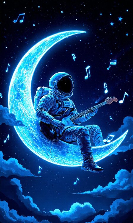 illustration in a whimsical, surreal style. The central figure is a spaceman, depicted in a realistic, astronaut suit with a helmet, gloves, and boots. He is sitting on a crescent moon, which dominates the upper left quadrant of the image and glows a bright, ethereal blue. The moon's surface is textured, with small craters and a slightly rough texture. The spaceman is playing an electric guitar, which is also glowing with a vibrant blue light, adding to the magical ambiance. 
Surrounding the moon and spaceman, the night sky is filled with stars, some small and scattered, others larger and brighter, creating a starry backdrop. The background is predominantly deep blue, with occasional patches of darker shades, adding depth and contrast to the scene. A few small clouds are visible at the bottom of the image, blending seamlessly into the dark blue of the sky, enhancing the dreamy atmosphere. 
Floating music notes, also glowing blue, are scattered around the spaceman, suggesting he is playing a space-themed tune. The overall composition is dynamic and playful, blending elements of fantasy and space exploration, creating a visually captivating and imaginative scene., aidmaimageupgrader, aidmaMJ6.1