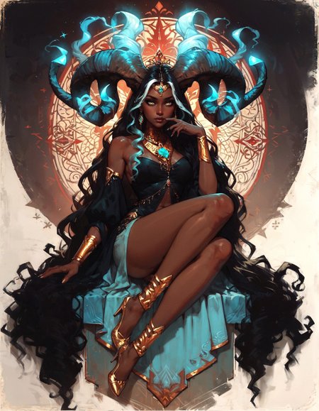 score_9, score_8_up, score_7_up, score_6_up, score_5_up, score_4_up,  A regal (queen:1.4) with (Indian heritage:1.3), full body, her (brown skin:1.3) glowing with a soft radiance, sits majestically. pubic hair, She has (gold eyes:1.3) that shimmer with wisdom and power, and her (ivory brown skin:1.4) adds to her ethereal beauty. Her (black hair:1.3) is striking, accented with (white highlights:1.2) that give it a unique and distinguished look.  Adorning her head are (turquoise glowing horns:1.3) that spiral gracefully, merging seamlessly with her (ram horns:1.3), creating an awe-inspiring and mystical appearance. Her attire is opulent, with (intricate gold jewelry:1.2) and (traditional Indian garments:1.2) that complement her royal presence.  The background is a lavish (palace setting:1.2), rich with (detailed carvings:1.1) and (luxurious decor:1.2), enhancing the queen's majestic aura and the (mystical glow:1.2) of her horns, symbolizing her power and grace.