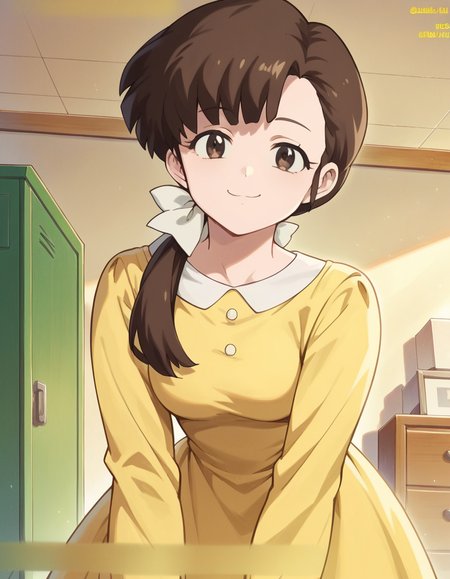 score_9, score_8_up, score_7_up, source_anime, <lora:kasumi-tendou-leak-ponyxl-lora-nochekaiser:1>, kasumi tendou, long hair, hair bow, bangs, hair over shoulders, brown hair, brown eyes, white bow,, long sleeves, dress, yellow dress,, indoors, bent over, smile, smug, looking at viewer, solo,, cowboy shot, dutch angle