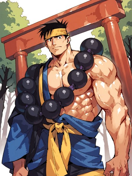 score_9, score_8up, score_7up, score_6up, score_5up, score_4up, dutch angle, dynamic angle, forest, japanese temple, torii, source_anime, rating_safe, BREAK
solo, male, ss_gaira, black hair, headband, black eyes, monk robes, prayer beads, muscular male, BREAK
 <lora:Gaira_Caffiene__Kafuin_-_Samurai_Shodown_-_PDXL:0.8>