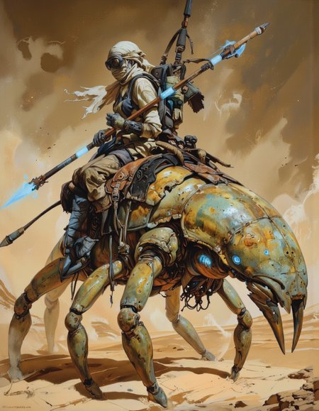 By theaicolab. A swirling sandstorm in a vast desert, a colossal, six-legged alien resembling a scorpion advances with an organic, chitinous exoskeleton that glistens with a bluish sheen, enhanced by pulsating bioluminescent lines. Each segment of the creature's shell features jagged edges and natural spines, creating a striking silhouette against the dim light. A sturdy, intricately designed saddle is affixed to its back, made of dark leather and adorned with glowing symbols. Atop this creature sits a warrior woman in sleek, futuristic armor, gripping a lance, its blade radiating an ethereal blue light. A tattered cloth mask conceals her lower face, while goggles protect her from the stinging sands. The atmosphere is charged with tension as the swirling sand creates an almost dreamlike quality, emphasizing the otherworldly nature of the scene. <lora:The_AI_Colab:1>