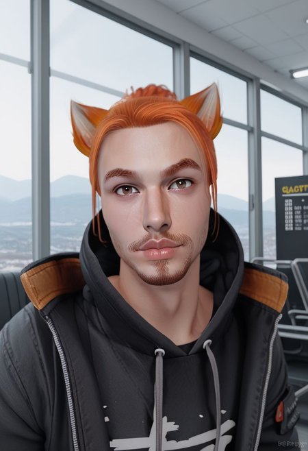 Roiadan Vanzey, solo, looking at viewer, 1boy, animal ears, brown eyes, upper body, male focus, indoors, cat ears, hood, orange hair, lips, facial hair, beard, airport scene, windows, signs, PonyXLV6_Scores zPDXL