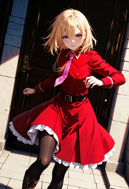 <lora:Jill Savelle:0.9>, CDE_JE,purple eyes,medium hair,blonde hair,hair between eyes, black pantyhose,pink necktie,red dress,cross-laced footwear,belt,military uniform, 
general, dutch angle, from front,, dynamic pose, 
masterpiece, best quality, absurdres, highres, very aesthetic, high quality, detailed, insanely detailed, beautiful, 
(photo background:0.3), depth of field, 
<lora:noobai_vpred_1_masterpieces_v1:1>, very awa, 
<lora:noob1.1-lineart_adjust1-mki:-0.5>, 
<lora:IllustriousTweakerLora_v4-detail_1457119:0.8>, <lora:LECO_StickClotch:1.5>, <lora:LECO_Particles:1>,
