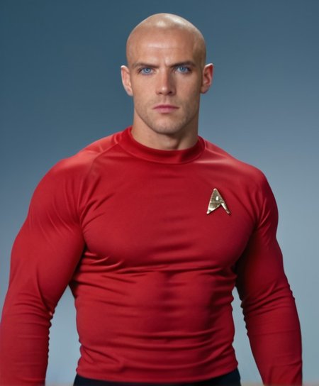 1boy, 20 year old male, Handsome, masculine, blonde, star trek, red shirt, muscle,  tall, tight shirt, wide pectorals, big shoulders, wide shoulders, muscular neck, German, standing at attention, bald, big pale blue eyes, abs, biceps, serious facial expression, phaser, hand,

stunf, star trek uniform,