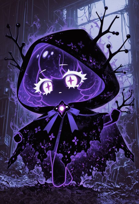 masterpiece,best quality,amazing quality,
colored eyelashes,white eyelashes,
translucent, shadowy body, dark purple hue, blackcurrant-themed accessories, eerie pose, solo, full body, misty, abandoned background, (paranormal theme:1.1), (fruit theme:1.1), glowing blackcurrant-shaped eyes, tattered, ethereal cloak with blackcurrant-patterned trim, whispery voice, holding a spectral blackcurrant branch, surrounded by an aura of chill, unsettling energy, faint scent of blackcurrants wafting around them
crk1styl111,<lora:lycoris:1>,(chibi:1.4),