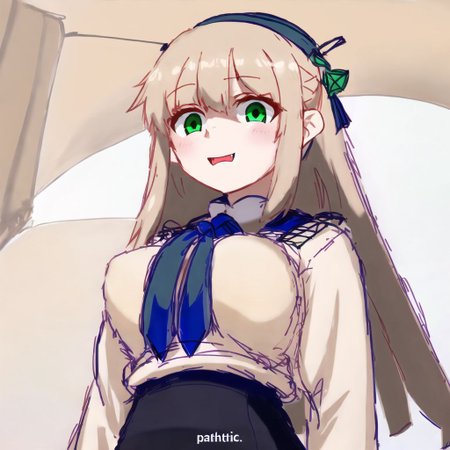 <lora:pathetic_meme:1.0>, patheticmeme, upper body, 

1girl, :d, bangs, beige sweater, blue sailor collar, breasts, fang, green eyes, large breasts, looking at viewer, medium breasts, neckerchief, open mouth, sailor collar, sidelocks, skin fang, sleeves past wrists, smile, solo, thick eyebrows, white background, white neckerchief