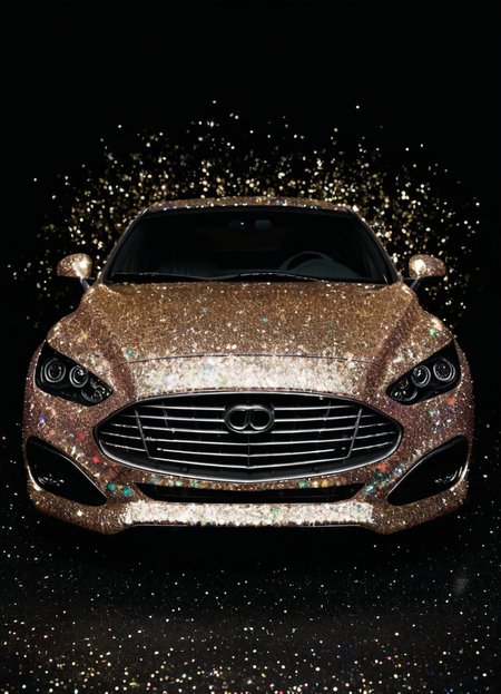 photo of a car with GlitterStyle, makeup, black background, 
 <lora:GlitterStyle_sdxl:0.8>