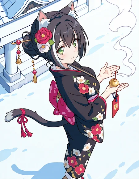 (karyl (new year),streaked hair,multicolored hair,black hair,white hair,hair bun,white hair flower,braid,bangs,green eyes,cat girl,animal ear fluff,cat ears,cat tail,black kimono,floral print kimono,obi,tail ornament,1girl,smile),day,New Year shrine visit, traditional Japanese temple, torii gate covered in snow, visitors wearing kimonos, winter sky, ringing the bell, incense smoke rising, hanging ema plaques, sacred ropes and white paper streamers, lanterns glowing softly, prayers being made, snow-covered stone lanterns, serene and respectful atmosphere,
(from above,from side:2) ,
looking at viewer,
medium breasts,
perky breasts,realistic proportions,natural looking breasts,explicit,hair between eyes,strong outlines,clean lineart,harsh lines,slim,curvy,(narrow waist:0.1), wide hips,thick thighs,detailed body,skindentation,matte skin,smooth skin,deep skin,soft brightness,detailed mouth,kawaii,moe face,
(anime screencap),(anime coloring:1.2),anime style, Japanese anime, cel-shading, clean lineart, vibrant colors, sharp facial features, 2D illustration, anime screencap style,anime background scenery,detailed linework,intricate details,(masterpiece,best quality,amazing quality),IllusP0s,(very aesthetic,absurdres:1.2),16k,highres,perfect hands,five fingers,detailed hands,
 <lora:ããªã³ã»ã¹ã³ãã¯ãReDiveã­ã£ã«illustriousPrincess_Connect_ReDivekarylillustrious:1:0.8>