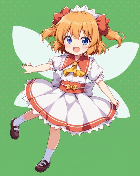 sunny milk,1girl, fang, fairy_wings, solo, open_mouth, polka_dot_background, headdress, two_side_up, shoes, skirt, looking_at_viewer, hair_bow, yellow_ascot, fairy, white_socks, sash, :d, full_body, puffy_short_sleeves, white_shirt, red_bow, green_background
<lora:sunny_milk_image988_2023-12-20:1>,star-shaped_pupils,symbol-shaped_pupils,. gorgeous,key visual, vibrant, studio anime,award-winning, professional, highly detailed,high budget, cinemascope