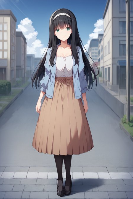 score_9, score_8_up, score_7_up, source_anime,
1girl, solo, looking at viewer, blurry background, outdoors, village, blue sky, cloud, buildings, light smile, parted lips, full body, 
<lora:shiori_yomiuri_anime_v3-soralz:1>,
shiori yomiuri, black hair, long hair, sidelocks, white hairband, green eyes,
date outfit, blue cardigan, puffy sleeves, collarbone, white shirt, brown skirt, black pantyhose, black footwear,