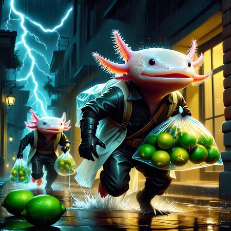 (masterpiece:1.5)  <lora:Axomodel XL:0.6> 4xolotl, axolotl wearing bank robber outfits, cackling, running away with with clear plastic bags full of wet limes, stylized digital painting, dramatic lightning at night