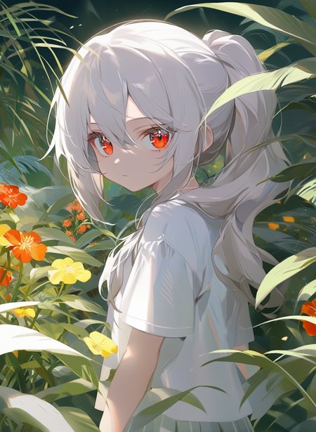 great quality,good quality,masterpiece,(detailed beautiful eyes:1.3),best quality,
1girl,looking_at_viewer,white_shirt,skirt,white hair,long hair,single ponytail,red eyes,close-up,standing,simple background,face the camera,outdoors,(plant:0.8),(flower garden:0.8),(cowboy_shot:1.2),(chibi:0.9),