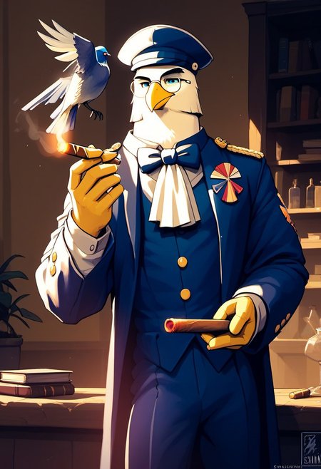 score_9, score_8_up, score_8, haze, bird, 1boy, uniform, male focus, solo, cigar, songbird,