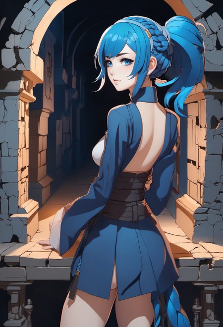 1girl, anime, beautiful girl with slate blue hair, side ponytail,Braided Chignon, in a dilapidated dungeon, hourglass figure, facing viewer<lora:envy_xl_test_5:0.75>