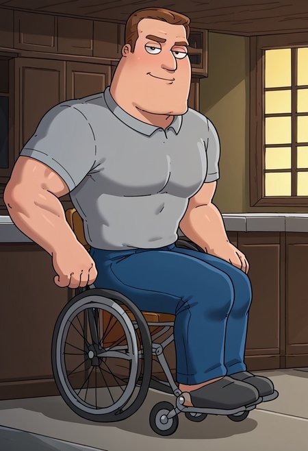 safe_pos, Joe swanson, brown hair, short hair, muscular, Male, butt chin, looking at viewer, grey shirt, blue pants, wheelchair, 