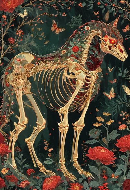 ral-granlum, flat illustration of a monster intricate red floral patterns adorning its skeletal structure, facing to the right. The creature stands amidst a serene forest backdrop, surrounded by various trees, flowers, and butterflies. Its body is outlined with metallic gold. The color palette is dominated by soft pastels, with the creature's skeleton being the most prominent feature, contrasting beautifully with the floral elements.