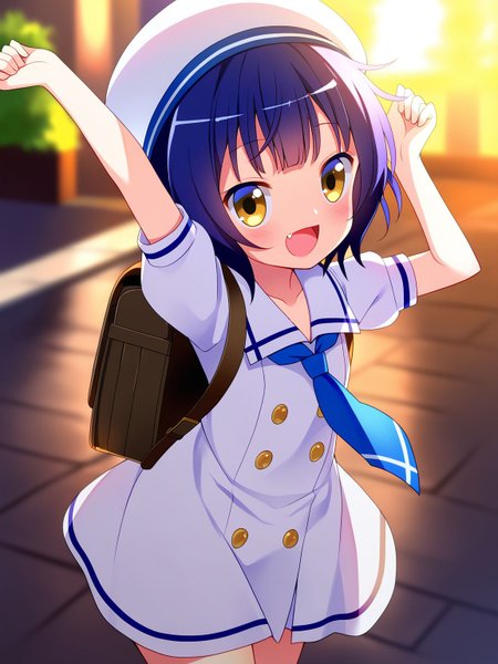 best quality,ultra-detailed,illustration,an extremely delicate and beautiful,(noise clear),(Intricate),(Hires.fix),outdoors, BREAK
1girl,smile,happy, gochuumon wa usagi desu ka?,jouga_maya,short hair,blue hair, 
:d,arm up,blue necktie,blurry background,blush,brown bag,backpack,collarbone,cowboy shot,fang,looking at viewer,necktie,puffy sleeves, sailor collar,short sleeves,white dress,white hat,white sailor collar,yellow eyes,<lora:r0tary_eng1ne:1> r0tary_eng1ne, BREAK