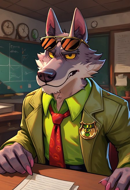 score_9_up, score_8_up, score_7_up, masterpiece, best quality, amazing quality, very aesthetic, absurdres, newest,  high quality, detailed, male, solo male, DaleDonovan, 1boy, mature male, male, anthro, wolf, broad shoulders, scruffy, gray fur, light tan underbelly, black eyes, yellow sclera, thick eyebrows, animal ears, green collared shirt, red tie, tan jacket, detective, sunglasses on forehead, black pants, half body, indoors, sitting at desk, papers on desk, looking at viewer, one raised eyebrow