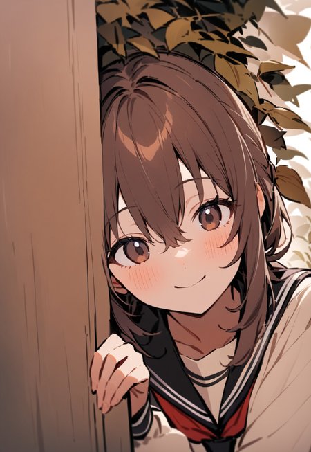 masterpiece, best quality, highres, 1girl smile, serafuku, peeking out upper body <lora:peeking_out_upper_body_pruned:1.4> leaves, flowers