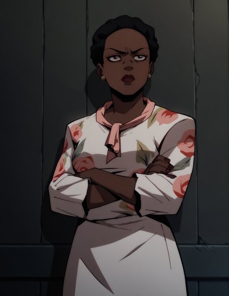 1girl, portrait, dress, crossed arms, dark background, indoors, short hair, dark skin, solo <lora:Amanda_Waller:1> waller, score_9, score_8_up, score_7_up, score_6_up