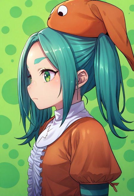 (zPDXL3), 
(zPDXLxxx), 
1girl, 
solo,
ononoki yotsugi, highres, twintails, aqua hair, green eyes, thick eyebrows, orange headwear, orange dress, striped thighhighs, expressionless, 
bust up,
side view,