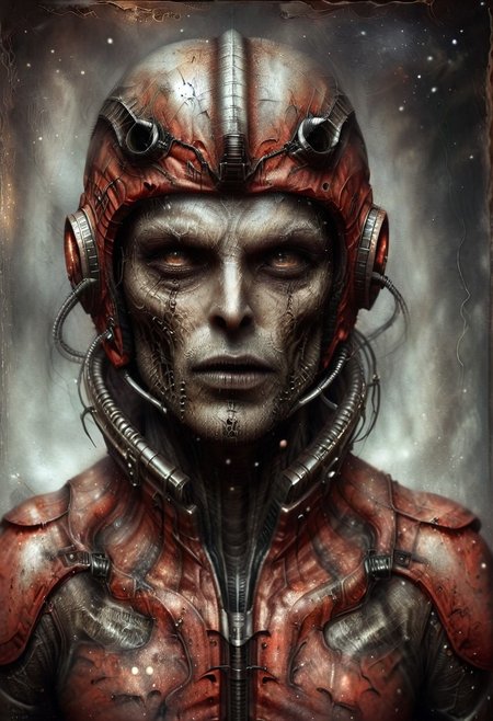Space warrior portrait oil stains mixed with (((doom sleer))) caste. wearing a Soviet space suit with a red star on the helmet,, H. R. Giger style but depicted as an oil painting  --ar 2:3 --v 5