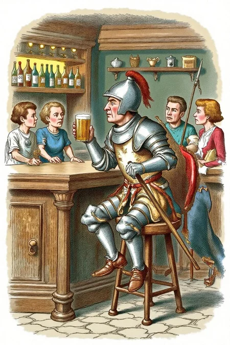 joten1 illustration.
Don Quixote sitting at a modern bar, enjoying a beer. He wears his classic, medieval armor, slightly tarnished and mismatched, and his signature helmet with a plume. He sits on a high bar stool, holding a frothy pint of beer in one hand, his lance and shield propped up against the bar counter. The bar around him is sleek and contemporary, with neon lights, polished wood, and various bottles lined up on shelves behind him. Other patrons, dressed in modern casual attire, glance curiously at the armored knight. Soft, warm lighting casts a relaxed atmosphere, highlighting the whimsical contrast between Don Quixote and the modern setting. Surreal and humorous, anachronistic, vibrant colors, character-driven scene.
Negative Prompt <lora:joten1_cap_d6a3e12:1.0><lora:821779049627160626:0>