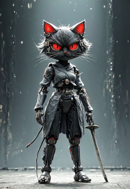 Anime cyber warrior japan cat,full body, fluffy, sword, catana, enormous angry eyes, curious expression,stylized digital illustration of a female cybernetic samurai, robot girl, lens eyes, robot joints, mechanical parts, dramatic pose, cybercity background, red light mushrooms, textured fur, wispy whiskers, tim burton style, dark whimsical, detailed