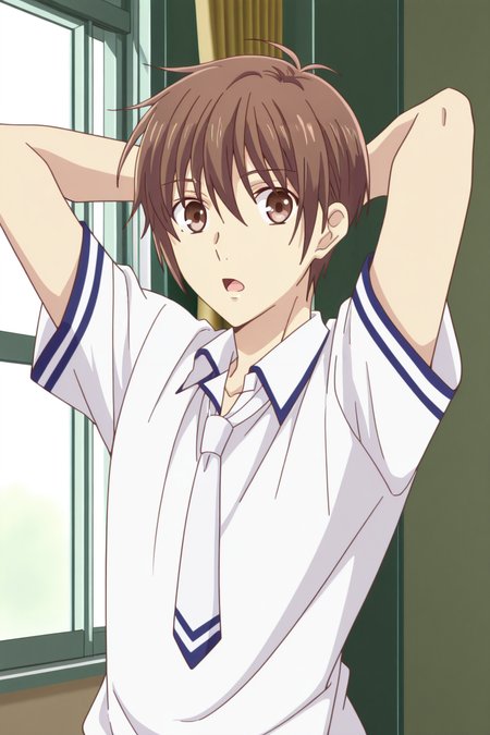 <lora:FruitsBasket:1>, FruitsBasket, 1boy, male focus, shirt, necktie, solo, open mouth, white shirt, brown hair, short sleeves, school uniform, collared shirt, indoors, arms behind head, brown eyes, looking at viewer, white necktie, upper body, window, hair between eyes, arms up, cowboy shot,
