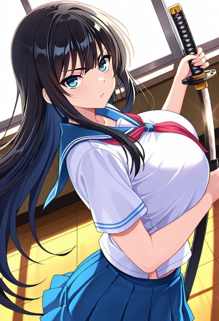 general,highres, ultra-detailed,very aesthetic,best quality ,best hands,best eyes,easynegative,
dynamic anglre, dutch angle, anime cloring,
1girl solo,looking at viewer,school, holding katana,fighting, 
Ikaruga,black_hair, long_hair, blue_eyes, huge_breasts,school uniform,