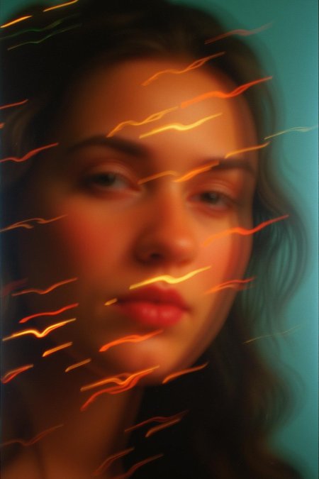 An abstract pattern of film burns and dynamic light streaks creates a vivid backdrop, shrouding a vaguely distinguishable, blurry photo of a face. The face is partially obscured by the chaotic interplay of intense film burns and radiant light patterns, which merge and swirl in an intricate, ethereal composition. The image features a high level of abstraction with distorted light and shadow, giving only the faintest hints of facial features through the heavy blur. Grainy, grain, film grain, candid, high contrast, film burn, analog texture, partial silhouette, Chiaroscuro, off-centered, asymmetrical, highlight bloom, filmic glow, blown-out highlights, moody, herbstphoto, herbst photo.   <lora:Herbst_Photo_35mm v2:1.5> <lora:flux_realism_lora:1.0><lora:785055361259309106:0>