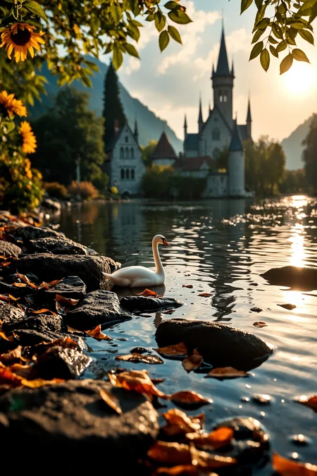 beautiful fantasy landscape photography, photo, Canon 50 mm f/2.8, ((very detailed)), sharp focus, small rocks, sunflower, fallen wet leaves, raindrops, swan, Burnt Orange flowers and leaves, (water ripples) reflections, (castle),  river (pond),medieval forest, ((village)), stunning nature aquatic environment , medieval land, (bright sunny sky), (high contrast), cinematic (lights), backlight, (shadows), lens flare, golden hour, sunset, vibrant colors, colorful, (lovely), (beautiful), <lora:Detail Tweaker LoRA add_detail:1><lora:depth_of_field_slider_v1:5> <lora:no-blur:1