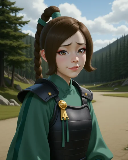 Semi-Realistic digital illustration Style in a wide shot. Looking at viewer, outdoors in daylight, 18 year old woman, Awkward with stiff posture, nervous chuckle, and eyes shifting around uncomfortably.
 <lora:AirBender_-_Ty_Lee_v2-000040:1> ab-tylee, brown hair and gray-brown eyes, ponytail
black japanese armor, kyoshi white face makeup, long sleeves, green dress, golden pin through hair