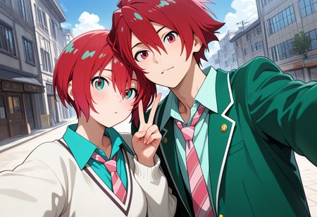 masterpiece, best quality, amazing quality, absurdres, newest, detailed background, definition so sharp, Ultra-HD, 8K cinematic, very awa, impressionate, amazing quality, highres, 
duo, couple focus, different high, different size, side by side, v, selfie, upper body, day, blue sky, outdoor, 
BREAK
(1boy, kagayakibishounen, takuto_red eyes, takuto,red hair, short hair, takuto_school uniform, green blazer, white collared shirt, pink tie),
BREAK
(1girl, amate yuzuriha,aqua shirt,striped necktie,white sweater,),