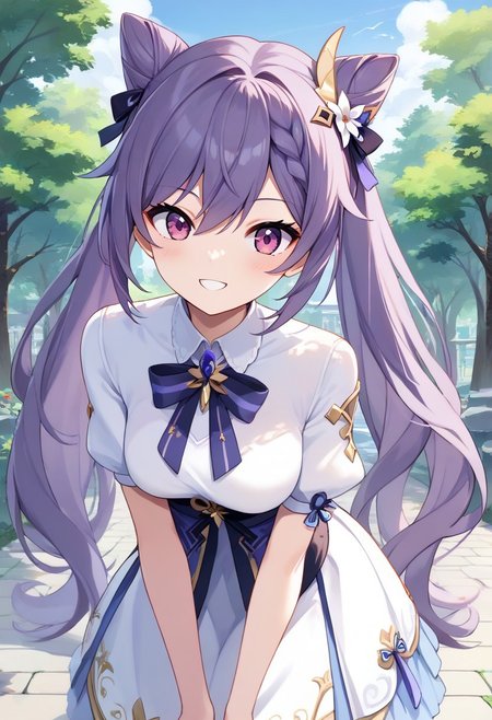 score_9, score_8_up, score_7_up, source_anime, best quality, masterpiece, 1girl, solo, smile. outdoors,
keqingcs, purple hair, cone hair bun, purple eyes, long hair, double bun, braid, twintails,