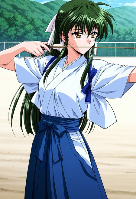general,highres, ultra-detailed,very aesthetic,best quality ,best hands,masterpiece, best quality, newest, highres, score_9, score_8_up, score_7_up, source_anime, rating_explicit,1girl, yokota mamoru style,motion lines,,Very straight nose,slim,slender face,perfect nose,1990s (style),looking afar
Sendou Hitomi, Green Hair, Sidehair, Waist Length Hair,Amber Eyes,Necktie, Ribbon Hair Tie
 anime screencap,Outdoors, shooting range, archery, Hakama,  aiming, side view, concentrating on the target