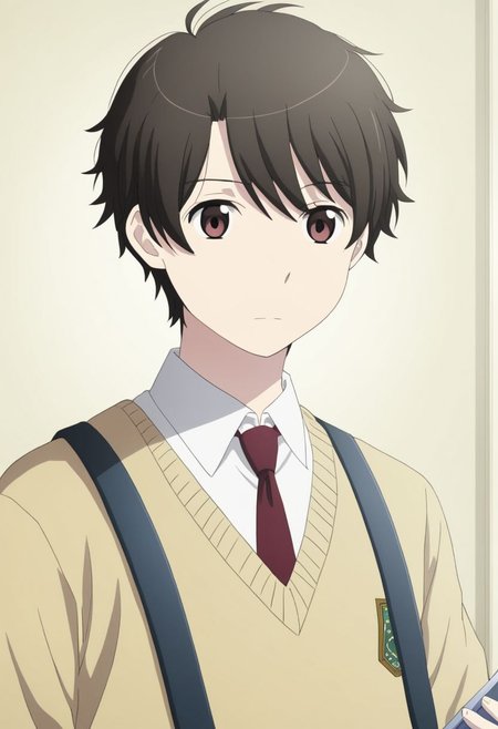 high resolution, solo, best quality, 1Boy, Inaho Kaizuka, Black Hair, Brown Eyes, school, school uniform, OverallDetail