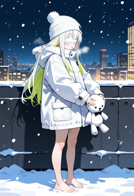 masterpiece, best quality, amazing quality, highres, high resolution, solo, score_9, score_8_up, score_7_up,  1girl, long hair, white hair, light green highlights, white bandages, bandages over eyes, long brilliant white fur jacket, barefoot, white beanie, standing, holding a doll, snowing city, nighttime,