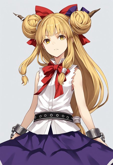 score_9, score_8_up, score_7_up, score_6_up, score_5_up, score_4_up, source_anime, 1girl, solo, 
ibuki suika, double bun, blonde hair, low-tied long hair, hair bow, yellow eyes, sleeveless white shirt, belt, purple skirt, shackles, 
masterpiece, best quality, very aesthetic, absurdres,