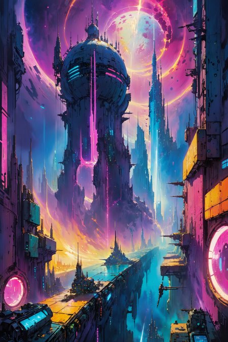 skyline of a dense and sprawling city on a junkworld, cyberpunk, night, neon signs, spotlights, hologram,smoke, magenta, teal and yelelow neon lights,  glowing, ethereal light,starry sky, bustling, cosmic hues, vibrant colors, watercolor style, surreal lighting, futuristic motifs, vivid colors, detailed digital art <lora:Painted World-000006:0.7> painted world, colorful splashes<lora:EnvyJunkworldXL01:0.8>  <lora:John Berkey Style:1> John Berkey Style page, (masterpiece:1.2), best quality, (hyperdetailed, highest detailed:1.2), high resolution textures, <lora:EnvyBetterHiresFixXL01:1>