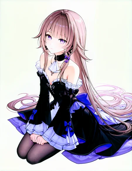 (masterpiece,best quality,newest,very aesthetic,highres,absurdres:1.2), simple background, white background, BREAK
1girl,<lora:the-herta-illustriousxl-lora-nochekaiser:0.85> the herta, the herta (honkai: star rail), brown hair, long hair, purple eyes, small breasts, bare shoulders, black dress, detached sleeves, long sleeves, 
closed mouth, expressionless, looking at viewer, looking up, sitting, solo, BREAK
<lora:noobai_vpred_1_masterpieces_v23:0.85>, <lora:sample:0.4> (gomzi:0.4),