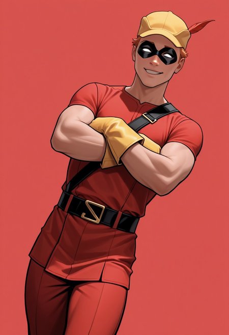 masterpiece, absurdres, high quality, perfect anatomy, 1boy, solo, cute boy, male focus, Speedy, Orange Hair, Domino Mask, White Eyes, Yellow Cap, Red Tunic, Tunic, Red Pants, Yellow Gloves, smug smile, parted lips, arms crossed, cinematic, intricately detailed illustration, depth of field, masterpiece, best quality, amazing quality, very aesthetic, absurdres, newest, very awa,  shadow, dynamic angle, casual cosplay, dynamic pose, simple background, red theme