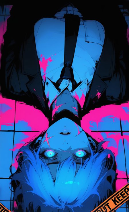 masterpiece, best quality, amazing quality, highres, 1girl, solo, looking at viewer, blue eyes, shirt, blue hair, jacket, white shirt, upper body, parted lips, lying, necktie, collared shirt, on back, black jacket, blood, glowing, scar, scar on face, glowing eyes, blood on face, blue theme, upside-down, tiles, blood on clothes, tile floor, blood splatter, pink blood, caution tape, keep out, GTHAN, glowing, xxx667_illu, <lora:illustriousXL_stabilizer_v1.23:0.3> <lora:NOOB_vp1_detailer_by_volnovik_v1:0.3> <lora:ponyv6_noobE11_2_adamW-000017:0.45> <lora:XXX667:0.5> <lora:GTHAN-IL:0.8>