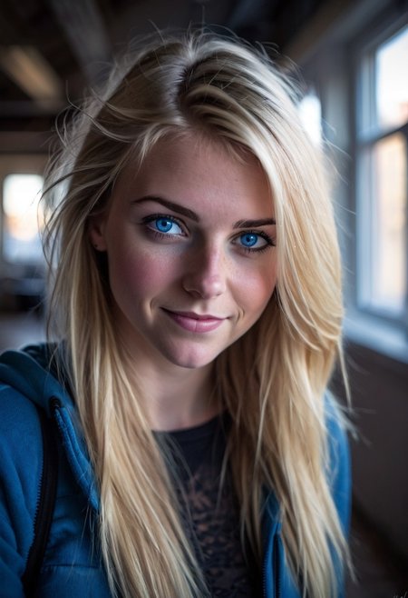 1girl, solo, looking_at_viewer, blonde hair, blue eyes, mysterious smile, urban setting, indoors