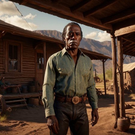 cinematic film still, lifestyle shot
saturated colors,  
negative space, 
1 adult man, 
RDR2Charles, black hair, brown eyes, long hair, dark skin
(breaking bad style), face of Gus Fring, dark complexion, black hair,  curly hair, elegant shirt, clean shaven
leading lines, ray tracing, 
backdrop is a cowboy camp in 1899, 11am.