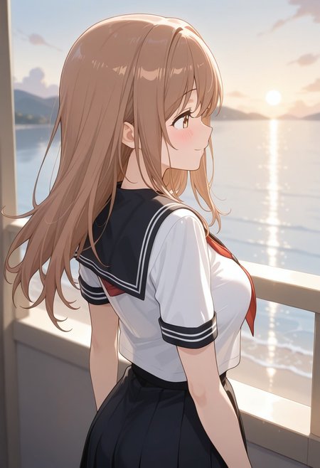masterpiece, best quality, newest, absurdres, highres, anime,
yui takahashi,
1girl, solo, blush, smile,
white serafuku, red neckerchief, black sailor collar, short sleeves, black skirt,
scenery,
from behind, looking afar,