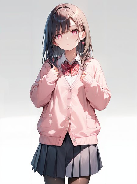 score_9, score_8_up, score_7_up,source_anime, high res image,masterpiece,best quality,(girl:1.0),cute face,clear skin,shiny hair,ultra detailed eyes,simple background, <lora:school uniform cardigan_pony_V1.2:0.7> school uniform, (pink cardigan:1.2), skirt,pantyhose