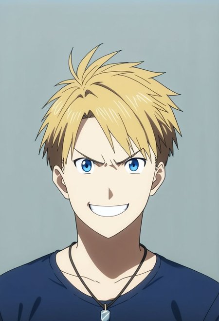 high resolution, professional photography, solo, best quality, 1Boy, Yamato Ishida, Blond Hair, Deep Blue Eyes, Necklace, dark t-shirt, looking at viewer, focused gaze forward, plain background, straight body, head upright, angry, smile, OverallDetail