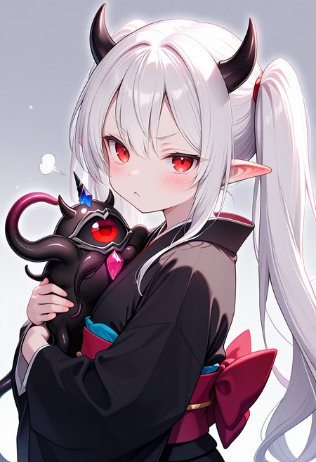 masterpiece,best quality,amazing quality,very aesthetic,absurdres,newest, highres,very awa,1other, 1girl, simple background, gradient background,
<lora:myutantillv1:1.2>, 1other, myutant, creature, tentacles, one-eyed, gem, tube,
<lora:Yuki-Usagi_SDXL:0.8>, 1girl, yuki_usagi, long hair, red eyes, twintails, white hair, horns, pointy ears, albino, japanese_clothes, black_kimono, obi, sash, hugging object, v-shaped eyebrows, :<, puff of air, from side, looking at viewer, upper body,