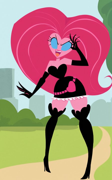 score_9, score_8_up, score_7_up,((best quality)), absurdres, ((full body)), <lora:BolivanteStyle:0.8>,  <lora:NMSTPXL:0.8>,NMSTPXL,elbow gloves, gloves, big hair, long hair, dress, black gloves, boots, black dress, high heels, black footwear, thigh boots, high heel boots, thighhighs, blue eyes, pink skin, short dress, pink hair, bare shoulders,heart, belt, action pose, park